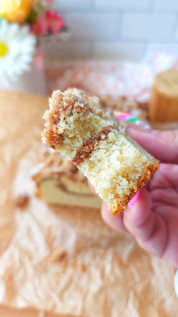 Low carb coffee cake with a bite taken out of it