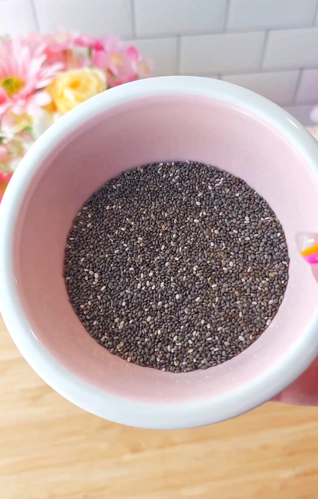 Chia seeds in a pink bowl